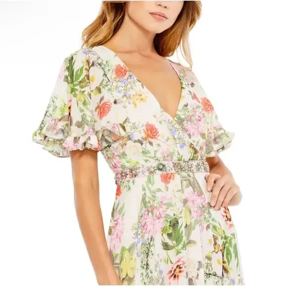 Mac Duggal Floral Print Faux Wrap Flutter Sleeve A Line Gown Floral SIze 12 9079 - Picture 5 of 14